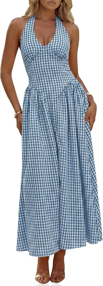 Wenrine Womens Halter V Neck Corset Maxi Dresses Summer Plaid Smocked Tie Back Backless Wedding G... | Amazon (US)