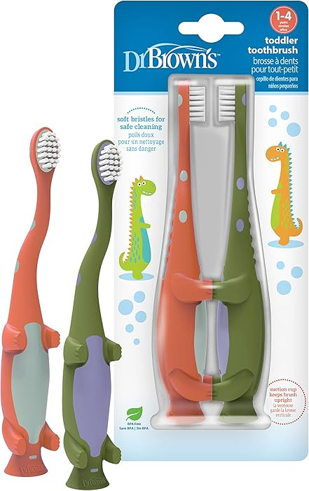 Dr. Brown's Baby and Toddler Toothbrush, Green and Orange Dinosaur 2-Pack, 1-4 Years | Amazon (US)