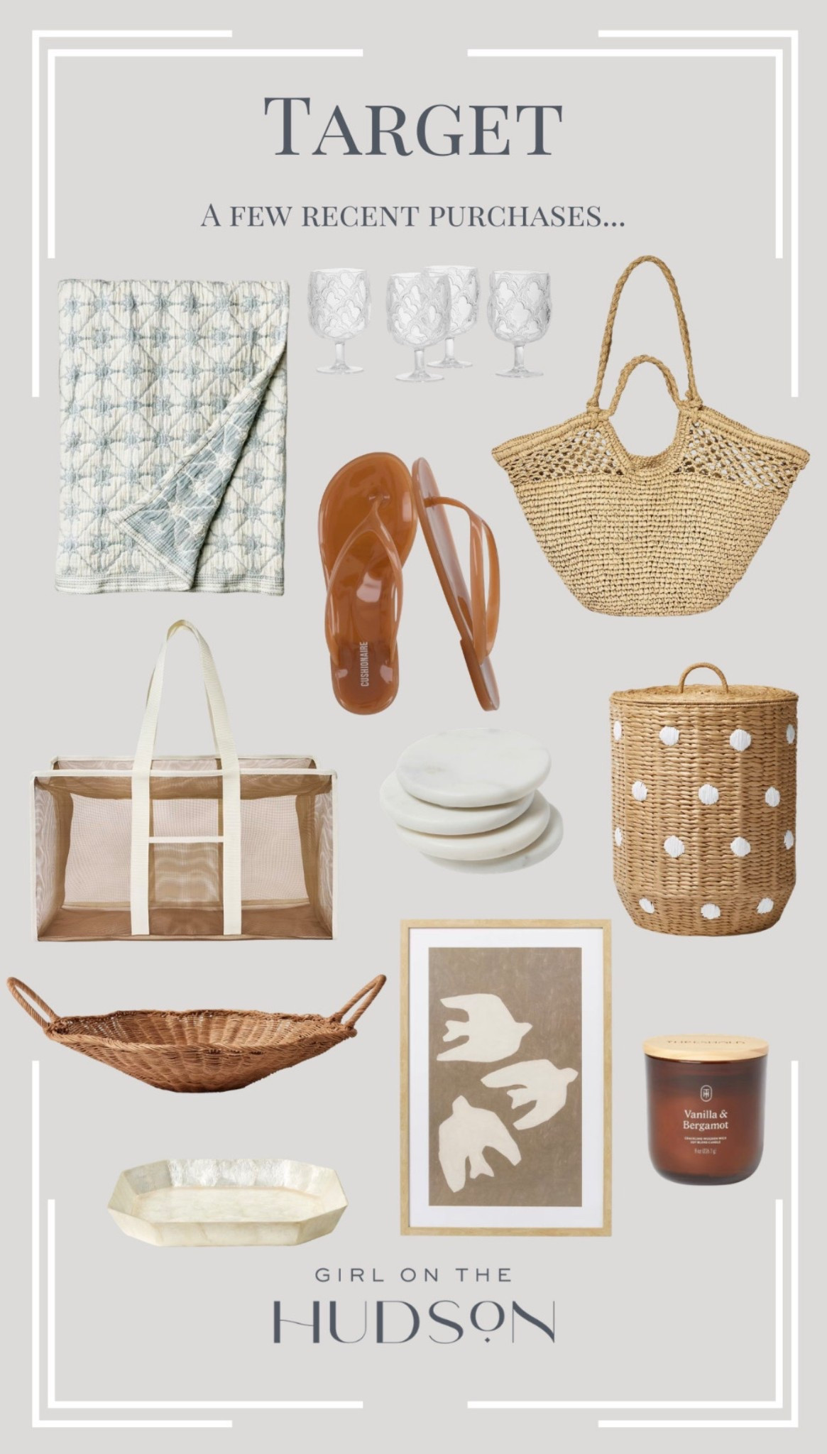 Recent Target purchases! 

A mesh pool bag to hold all of the things and the perfect straw beach bag for vacation. Jelly lip lops that are SO CUTE, art that won't break the bank, a giant woven tray, the prettiest capiz bathroom dish, a good smelling candle and a toy basket for the kids!  

#LTKootd #LTKHome #LTKSeasonal