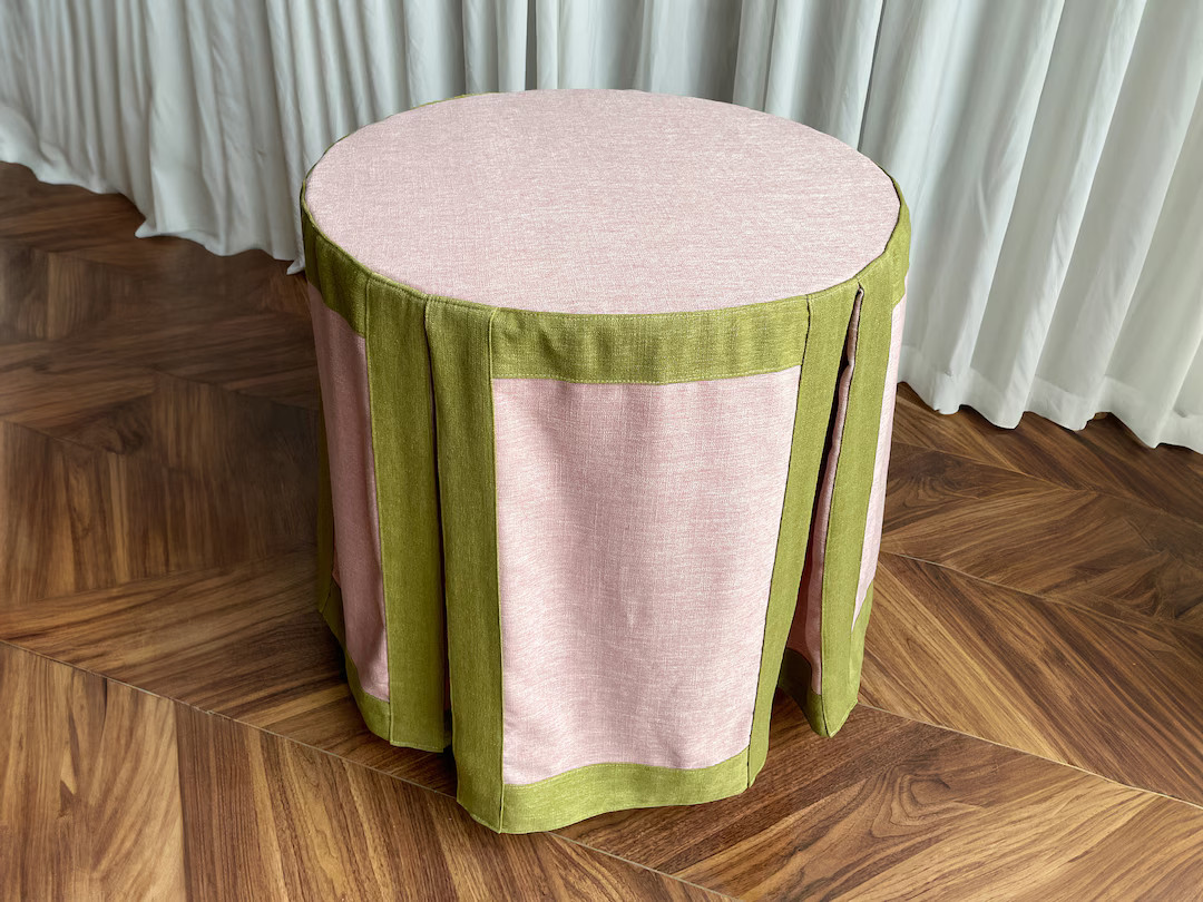 Pleated Pink Table Skirt With Yellow Border,round Table Skirt,linen Tableskirt,fitted Custom Tabl... | Etsy (US)