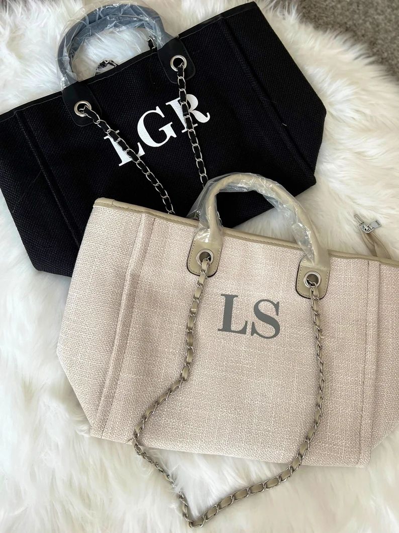 Personalised Chain Monogram Canvas Tote Bag | Shoulder Bag | Ladies Custom Handbag | Birthday Gif... | Etsy (US)