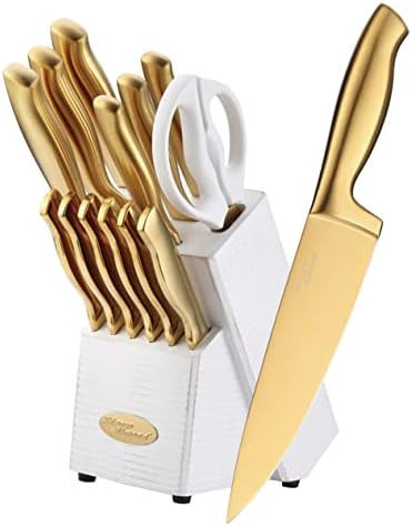 Marco Almond MA21 Golden Knife Sets, Titanium Coated 14 Pieces Stainless Steel Hollow Handle Gold... | Amazon (US)