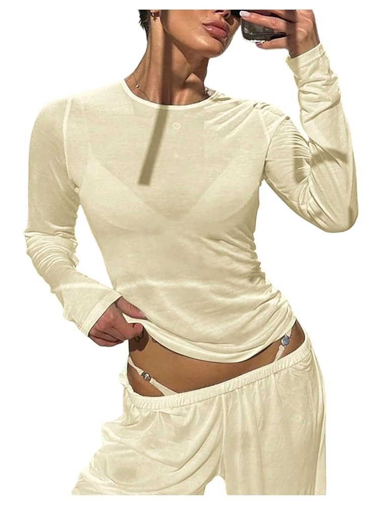 Women's Sheer Mesh Long Sleeve T Shirts Boat Neck Slim Fit Tee Tops Going Out See Through Shirts | Amazon (US)