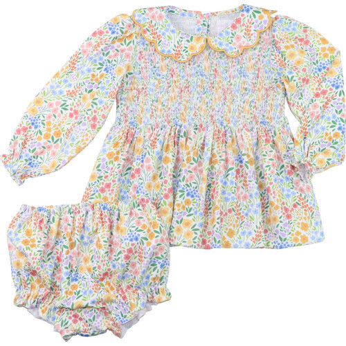 Smocked Multi-Colored Floral Corduroy Scalloped Collar Diaper Set | Cecil and Lou