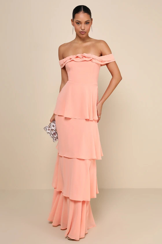 Delightful Essence Peach Off-the-Shoulder Tiered Maxi Dress | Lulus