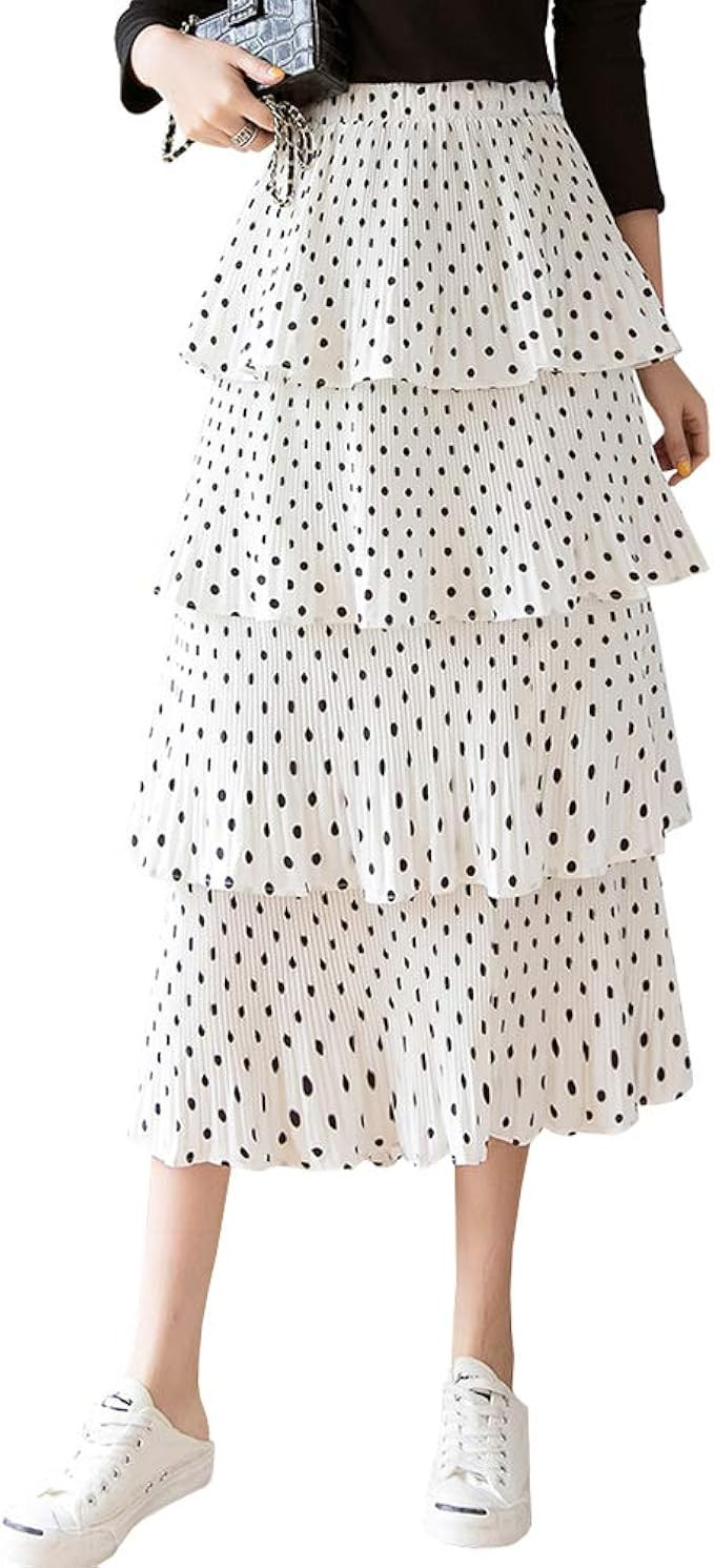 Women's High Waisted Chiffon Ruffle Layered Tiered Pleated Midi Long Skirt | Amazon (US)