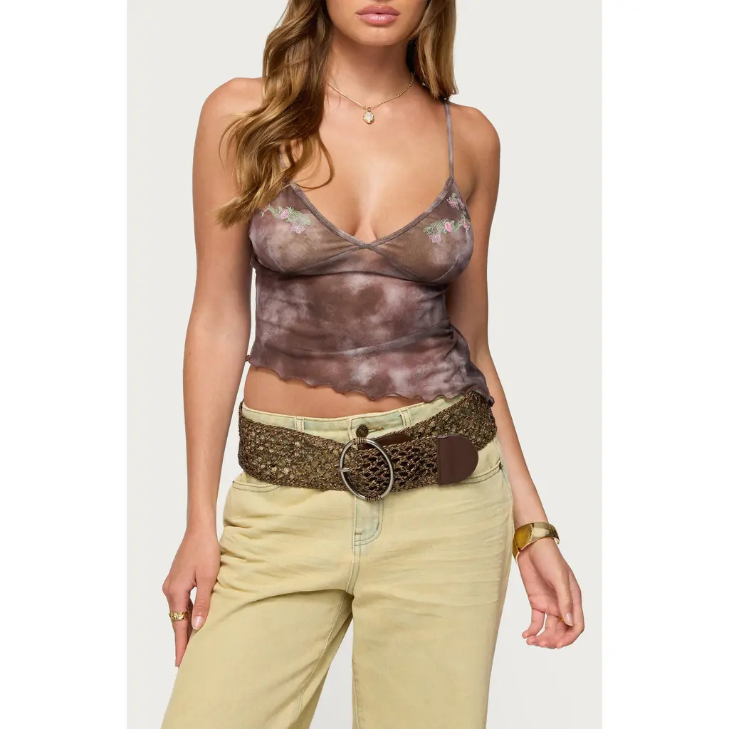 EDIKTED Embroidered Print Mesh Camisole in Brown at Nordstrom, Size X-Small | Nordstrom