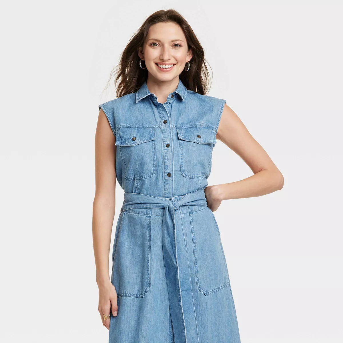 Women's Sleeveless Denim Collared Button-Down Shirt - Universal Thread™ Indigo | Target