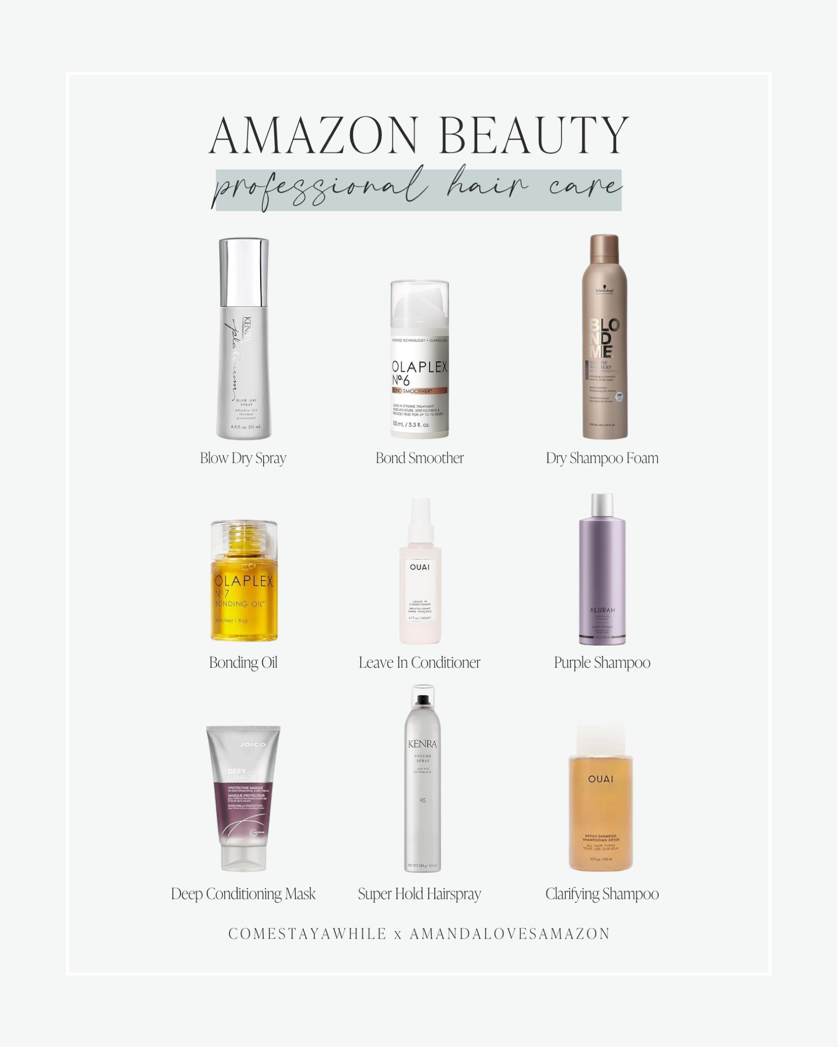 Professional hair care products. Blow dry heat protectant spray. Bonding products from Olaplex. Dry shampoo foam. Leave in conditioner for tangles. Super hold workable hairspray. Deep conditioning mask. Clarifying shampoo. 

#LTKfindsunder50 #LTKbeauty