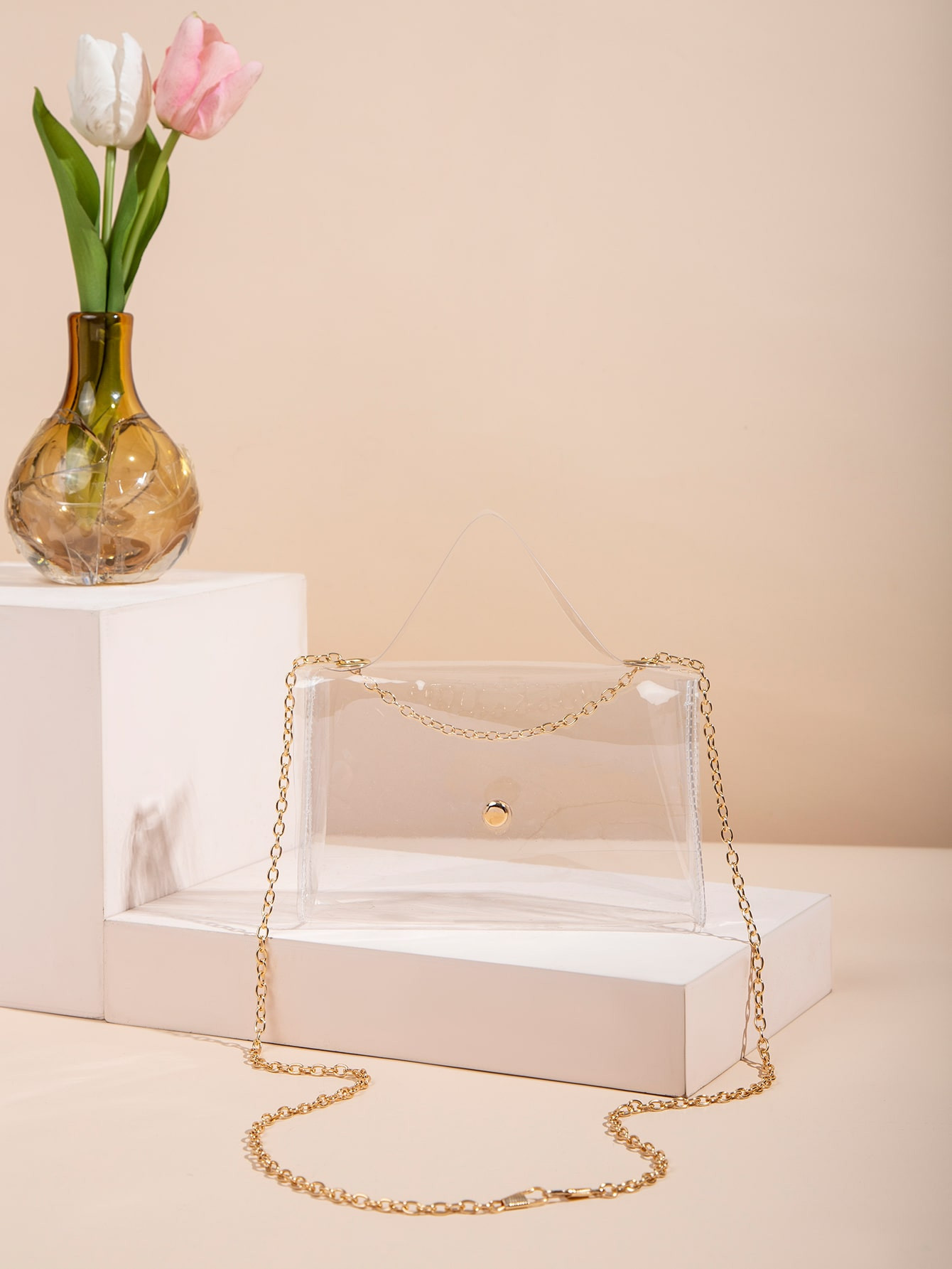 Mini Clear Snap Button Chain Square Bag, Stadium Approved 12 X 12 X 6 Clear Transparent Purse Bag... | SHEIN