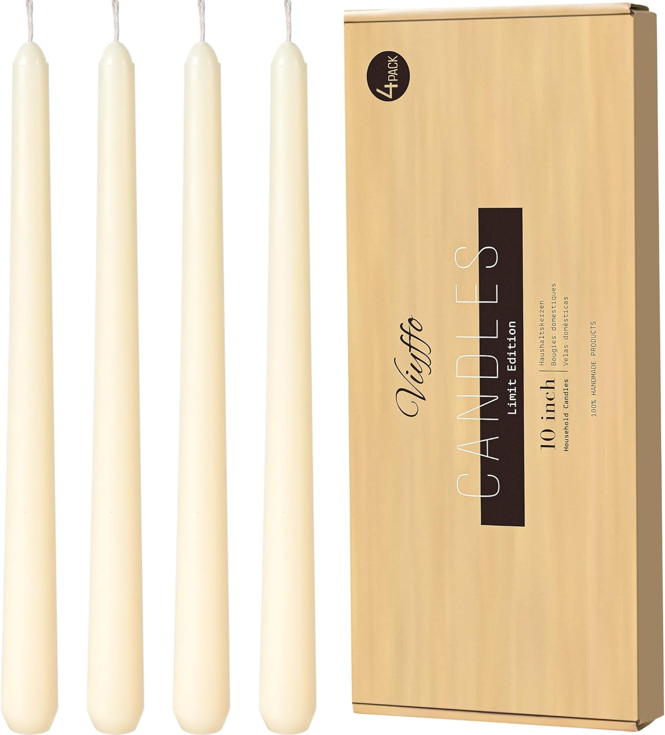 Viyffo Taper Candles 10 Inch – 4 Pack Ivory, Dripless, Unscented, Smokeless – 8 Hour Burn –... | Amazon (US)