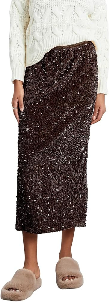 Women's Elegant Sparkly Sequin Midi Skirt Elastic High Waist Shiny Glitter Pencil Formal Party Lo... | Amazon (US)