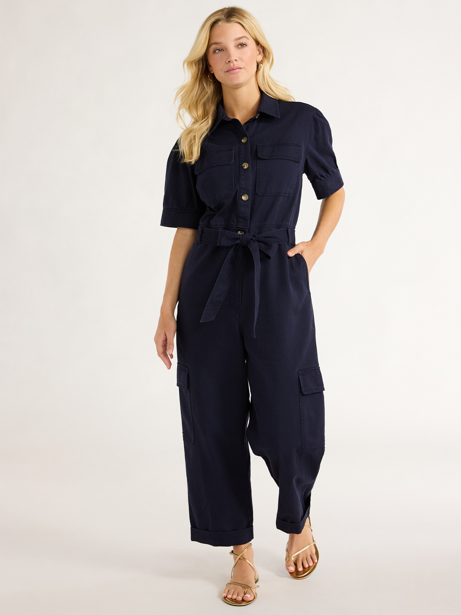 Free Assembly Women’s Cotton Cargo Jumpsuit with Puff Sleeves, 26” Inseam, Sizes XS-XXL | Walmart (US)