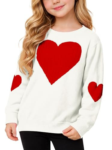 Valentine's Girls Sweaters Kids Love Red Heart Pattern Patchwork Knit Jumper Sweatshirt White 9-10 Years | Amazon (US)