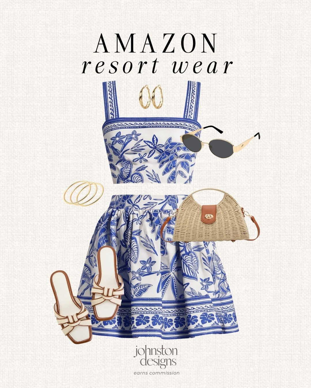 Amazon resort wear finds for an easy vacation outfit. 💙

Amazon style, resort wear, vacation outfit, matching set, blue white outfit, summer fashion, beach style, poolside look, woven bag, straw purse, slide sandals, sunglasses, gold earrings, bangle bracelets, tropical print, warm weather style 

 #LTKootd