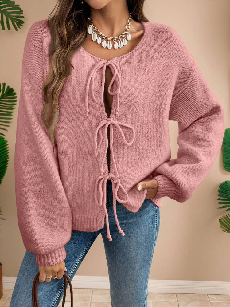 SHEIN Frenchy Ladies' Oversized Solid Color Knotted Long Sleeve Cardigan, Commute, Minimalist, Of... | SHEIN