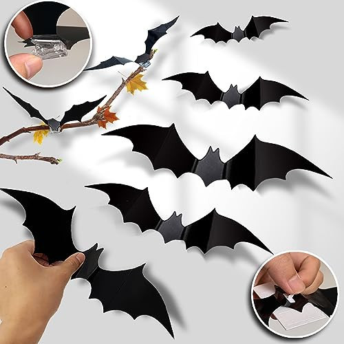 【20 Clips and 120 Adhesives】Halloween Bats Wall Decor, 60 Pcs 3D Plastic Bats Decorations Party PVC Black Scary Large Bat Stickers Indoor Outdoor Gothic Decals for Tree Office Kitchen Bathroom | Amazon (US)