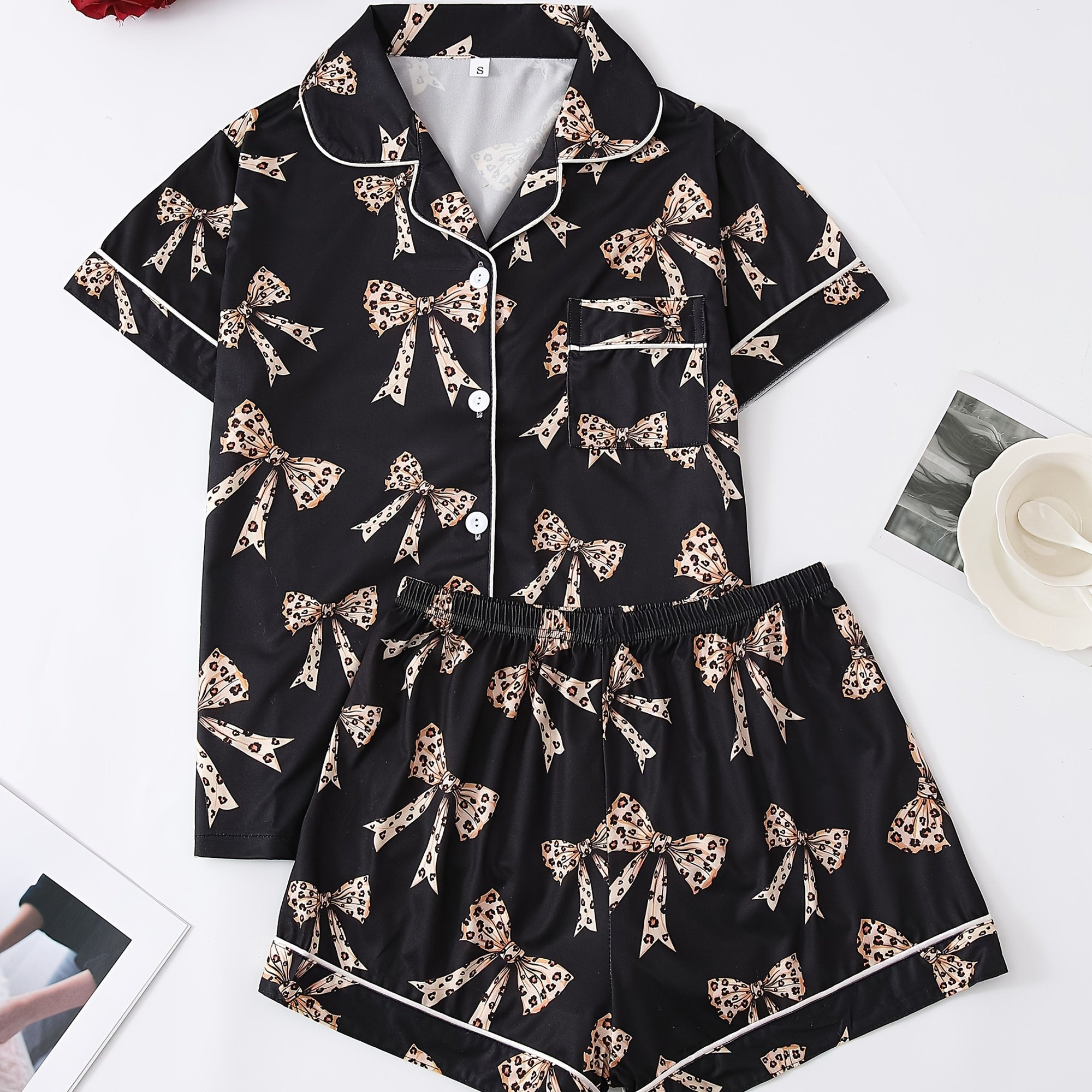 elegant women's leopard bow print pajama set cozy knit short - Temu | Temu Affiliate Program