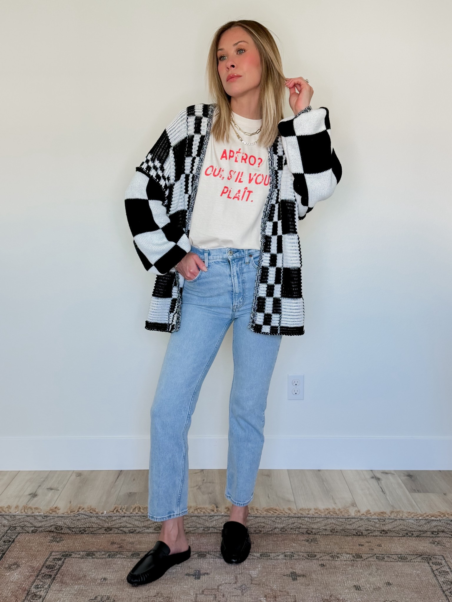 Casual, cute, cool-girl outfit
Size L in the tee for an extra boxy fit 
Size M in the sweater
Loafer mules tts

#LTKmomlife #LTKootd #LTKgrwm