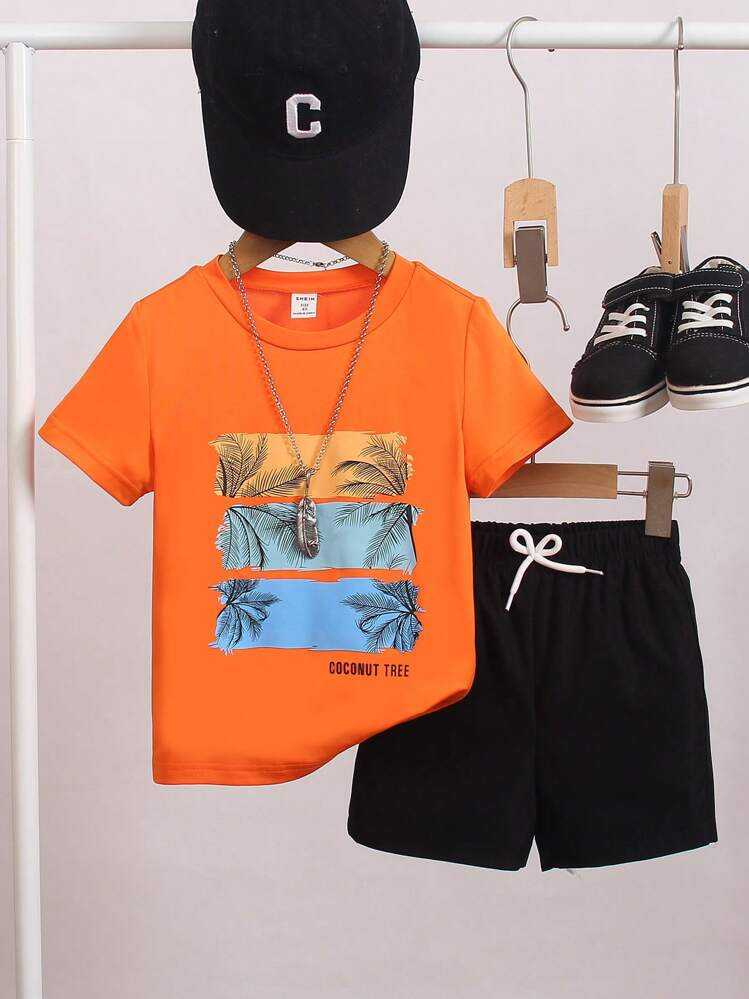 SHEIN Young Boy Summer Holiday Casual Palm Tree And Letter Print Short Sleeve T-Shirt And Shorts ... | SHEIN