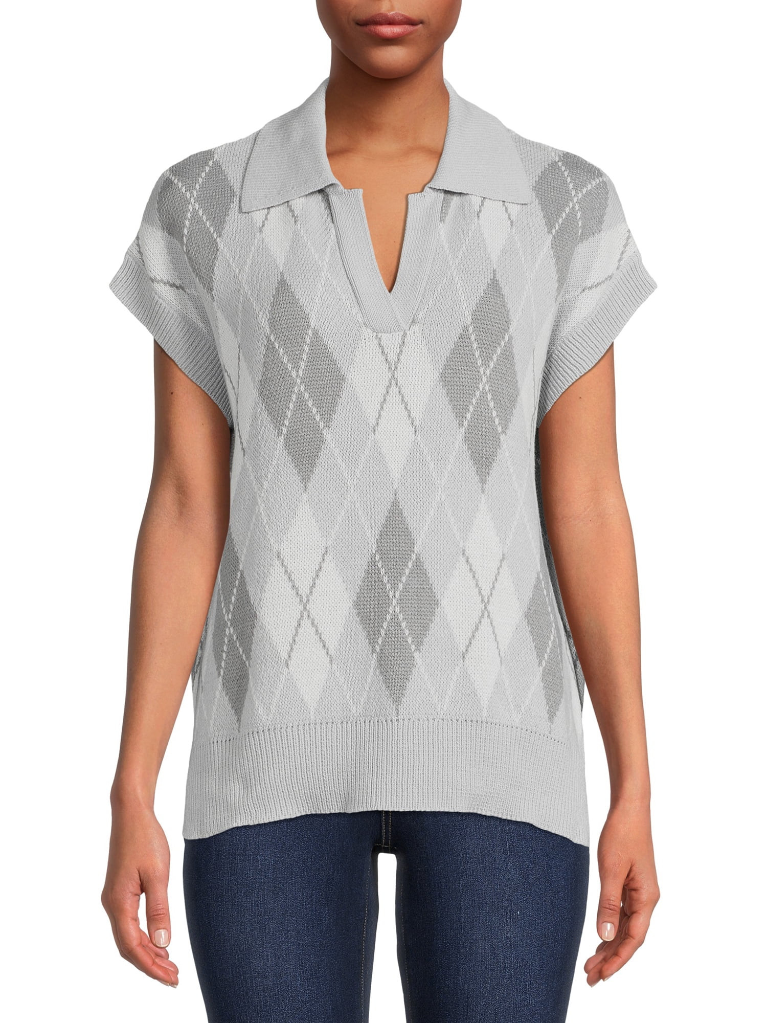 Time and Tru Women's Short Sleeve Argyle Polo Sweater | Walmart (US)