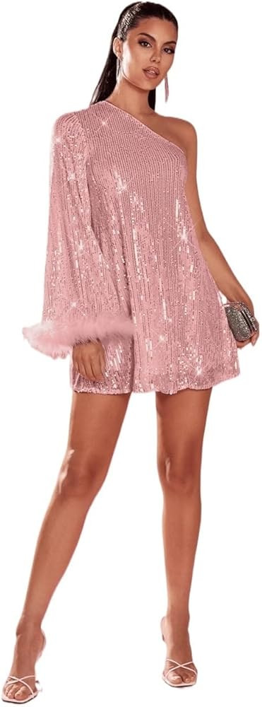 Women's midi Dress Women Sequin Shoulder Long Sleeve Mini Dress | Amazon (US)