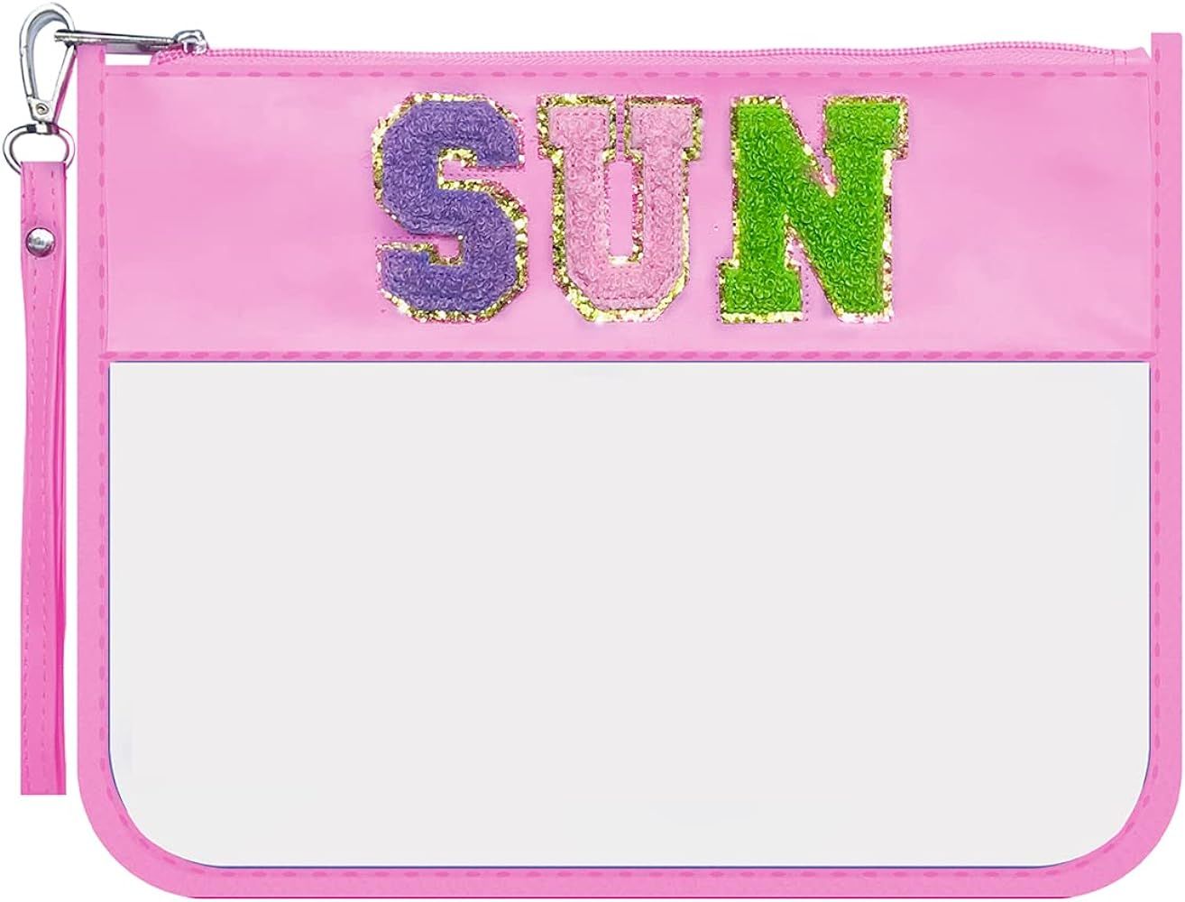 Preppy Patch Makeup Bag Monogram Chenille Letter Bag Preppy Organizer Beach Pouch Sunscreen Bag C... | Amazon (US)