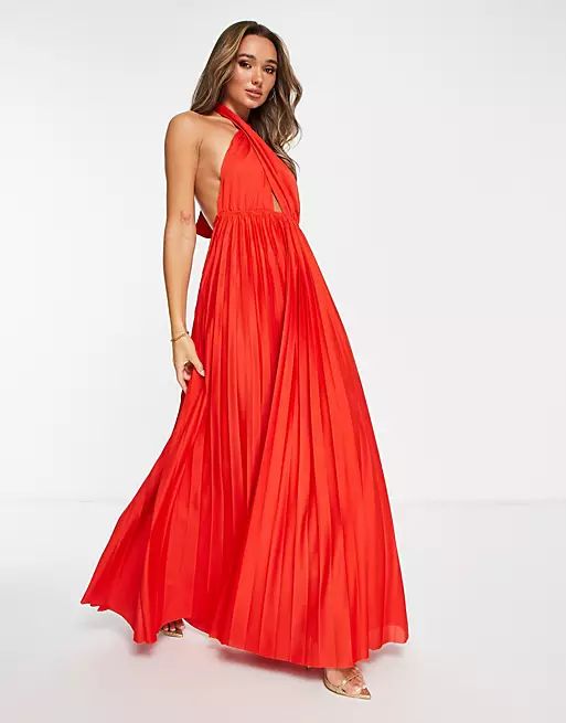 ASOS DESIGN halter pleat maxi dress in red | ASOS (Global)