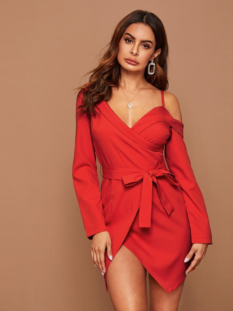 Asymmetrical Neck Belted Wrap Dress | SHEIN