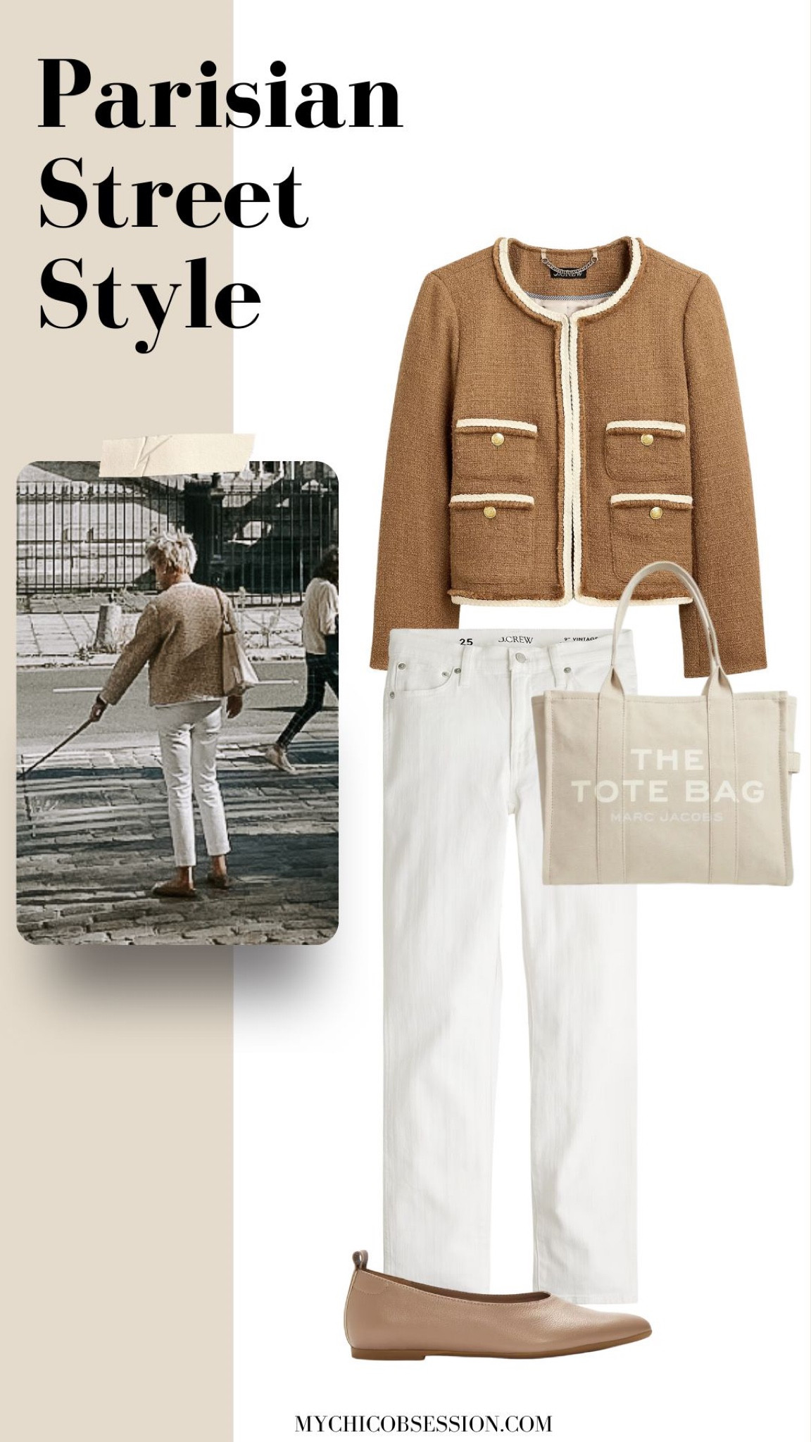 A tweed lady jacket is forever, a classic staple for your wardrobe! Style it like this Parisian, with a pair of white jeans, a canvas, tote, and a pair of flats. Finish the look with gold jewelry to top it all off!

#LTKstyletip #LTKSeasonal