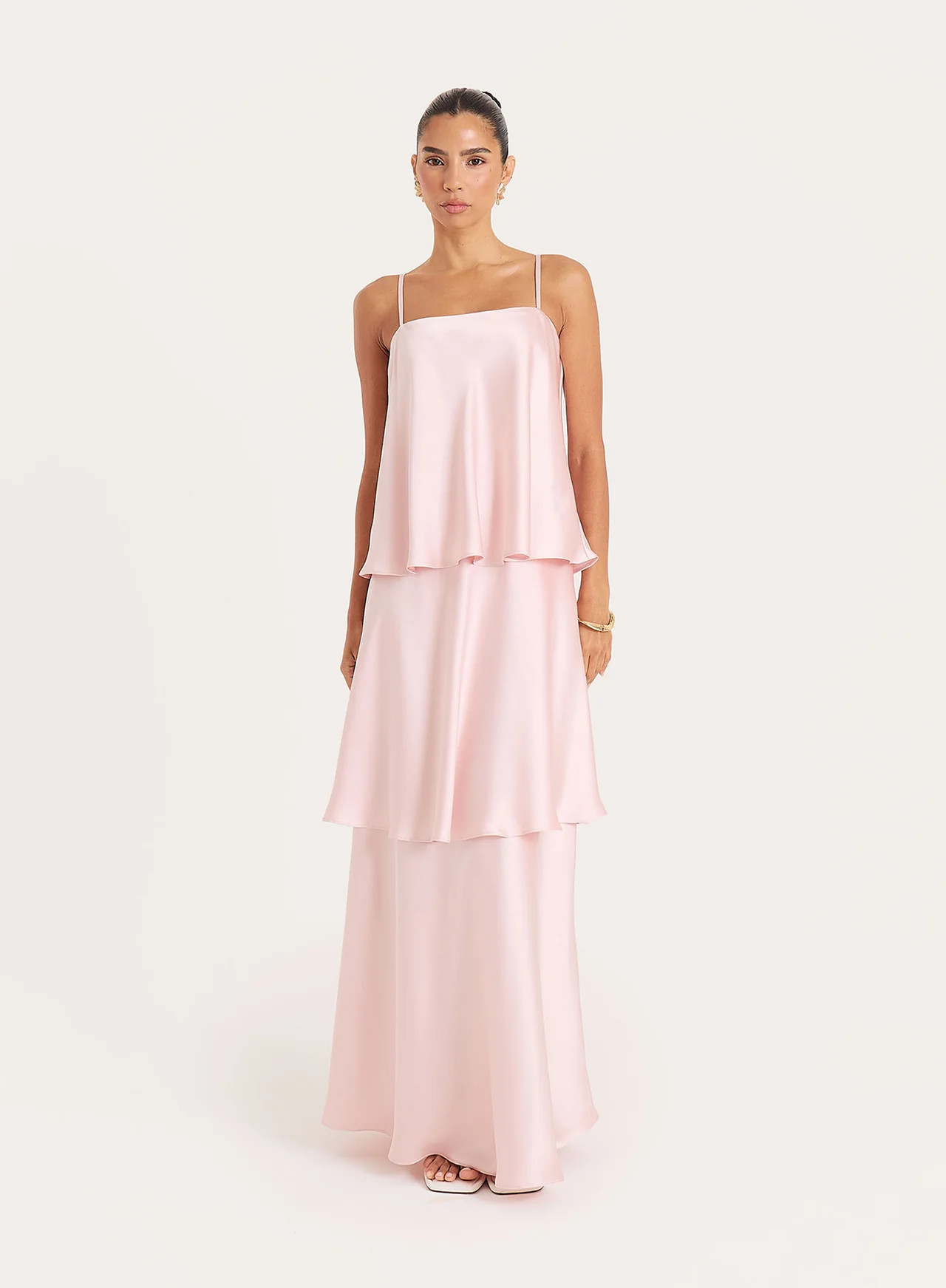 Women's Pink Satin Tiered Maxi Dress | Genevive | 4th & Reckless | 4th & Reckless