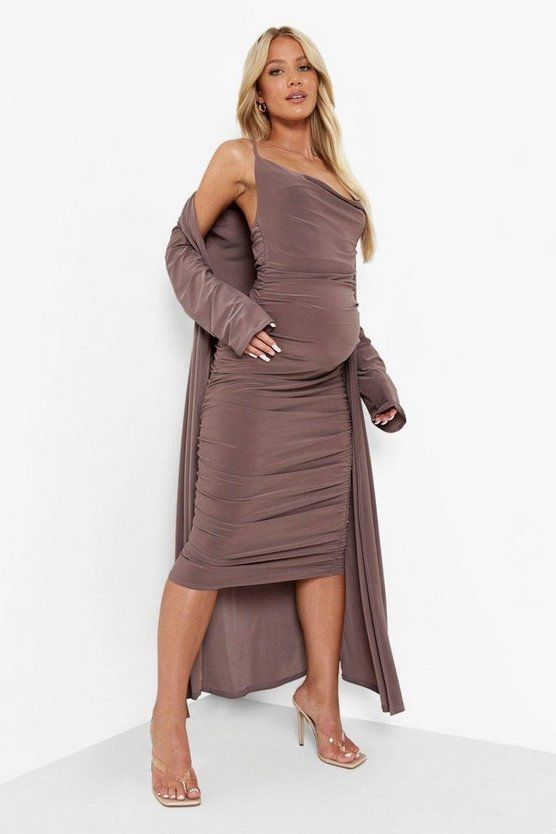 Maternity Strappy Cowl Neck Dress And Duster Coat | Boohoo.com (US & CA)