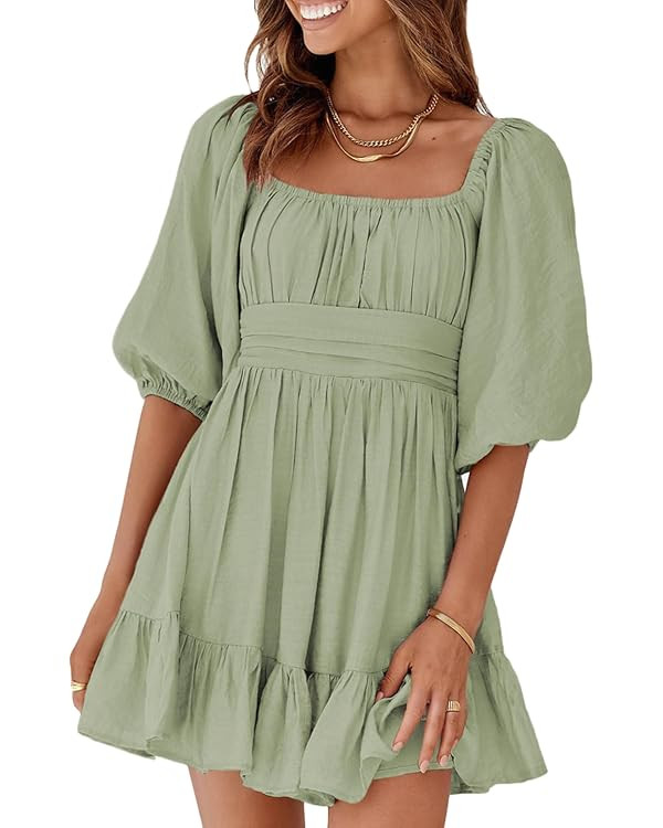 Dokotoo Womens Summer Dresses Square Neck Tie Back Lantern Sleeve Ruffle A-Line Casual Dress | Amazon (US)