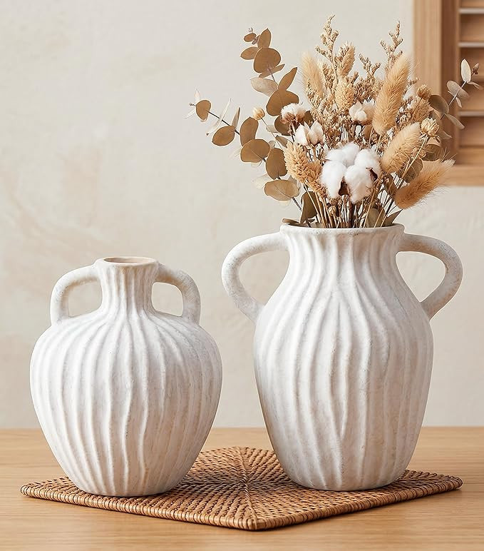 White Vases Set of 2, Flower Vase Ceramic Vase Small Vase for Pampas Grass Home Decor Modern Boho... | Amazon (US)