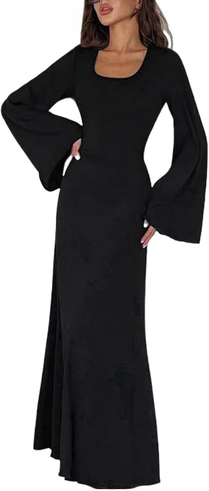 ZGMYC Women's Scoop Neck Lace Up Ribbed Maxi Dress Knit Flare Sleeve Bodycon Dress Loose Casual L... | Amazon (US)