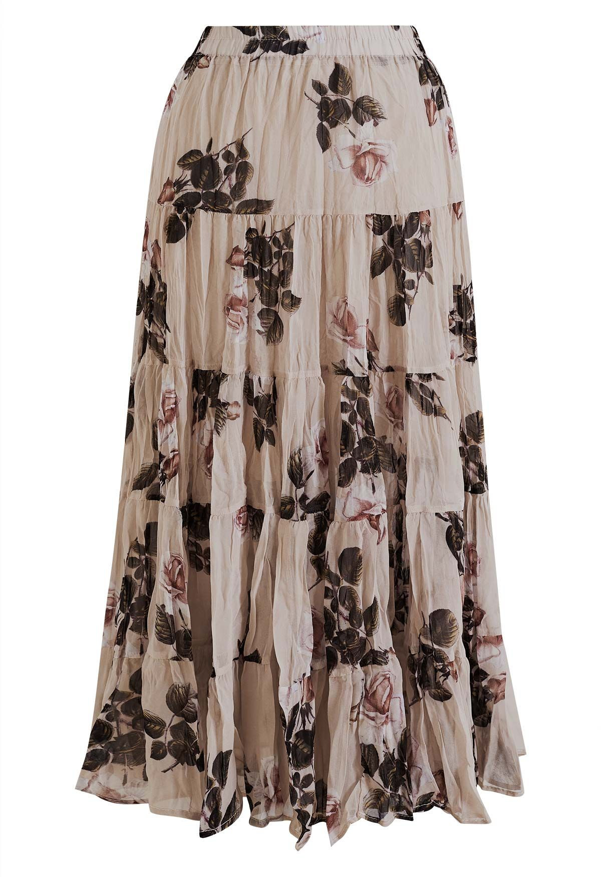Nostalgic Rose Print Crinkled Chiffon Maxi Skirt for Brunch Dates & Daytime Parties | Chicwish