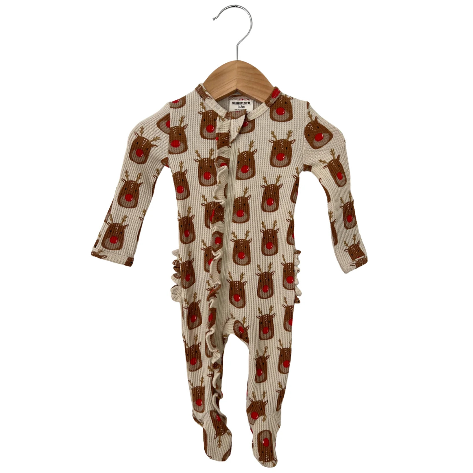 Organic Waffle Ruffle Zip Footie, Reindeer | SpearmintLOVE