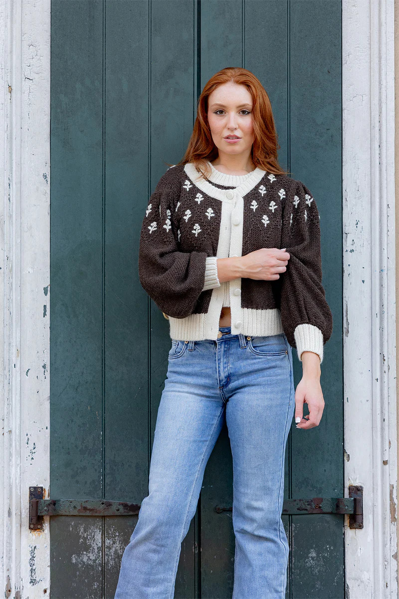 FINAL SALE Barrel Sleeve Cardigan | Chocolate/Ivory Trellis | SUE SARTOR
