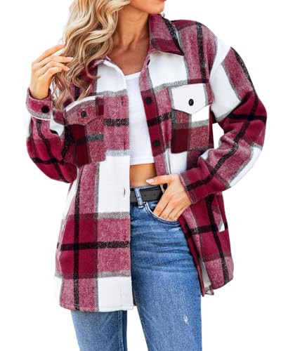 Women's Casual Shacket Jacket Plaid Shirts Flannel Blouses Button-Down Shirts Wine Red S | Amazon (US)