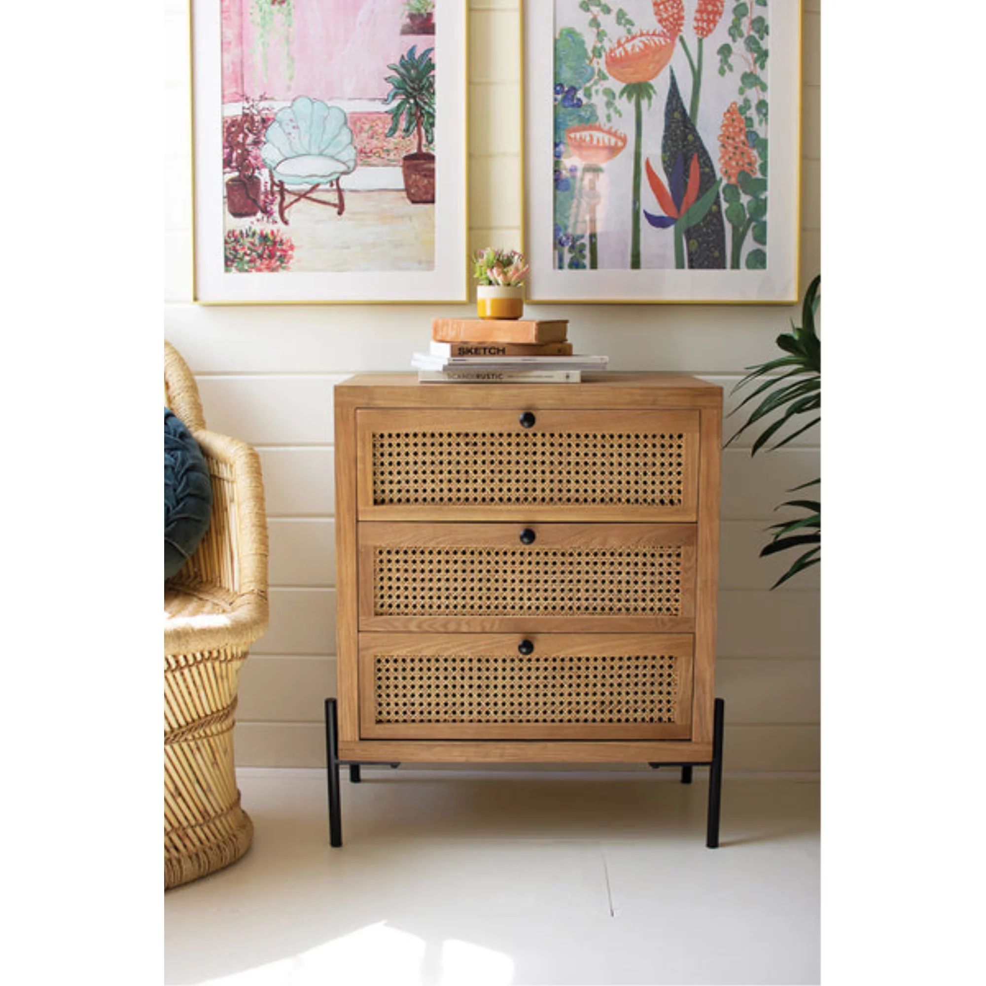 Wood Bedside Table With Three Woven Cane Drawers | Walmart (US)