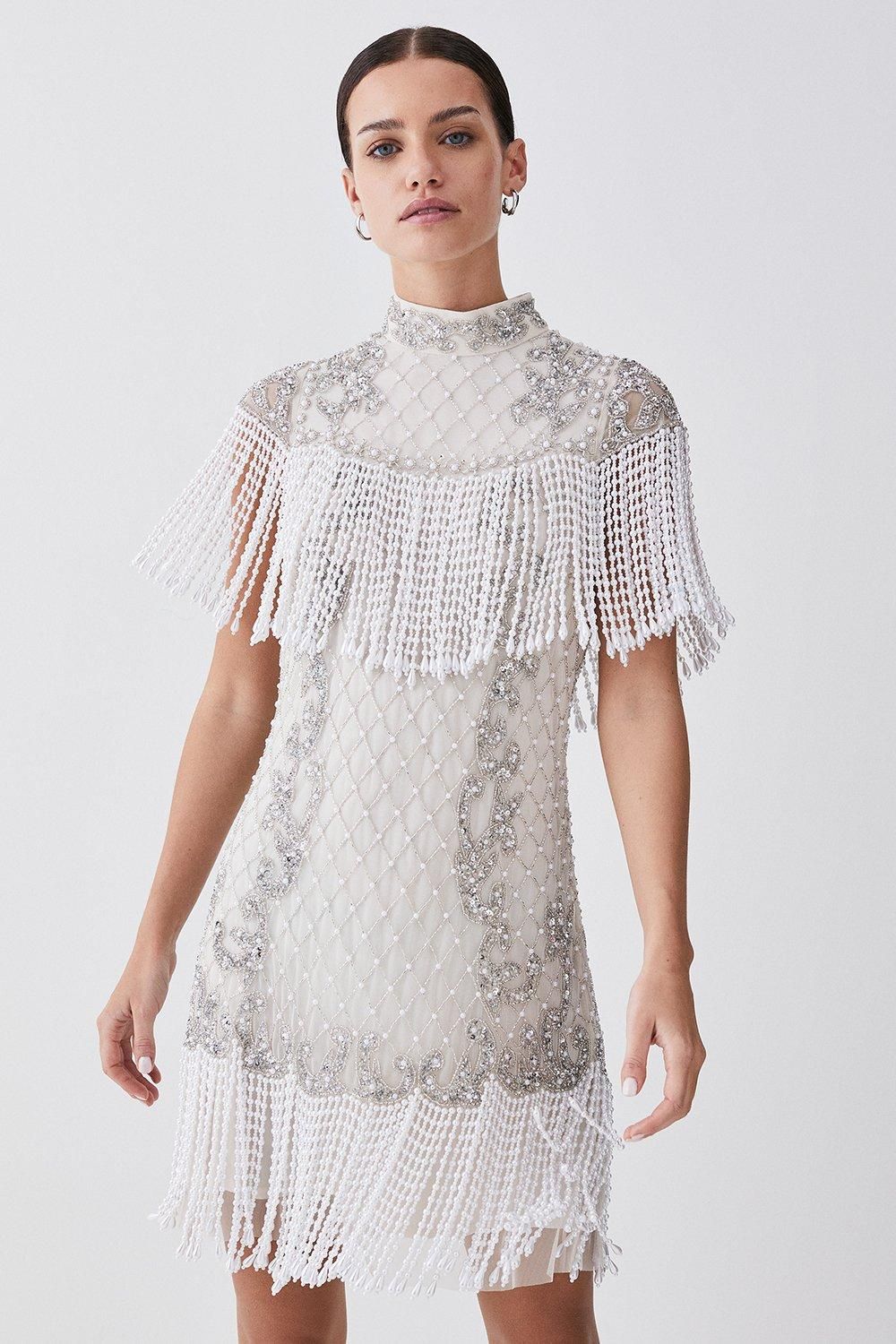 Petite Pearl Embellished Fringed Woven Mini Dress | Karen Millen US