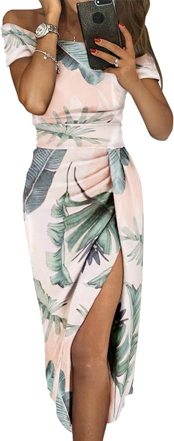 Sidefeel Womens Casual Off The Shoulder Floral Print Ruched Bodycon High Slit Evening Party Dress... | Amazon (US)