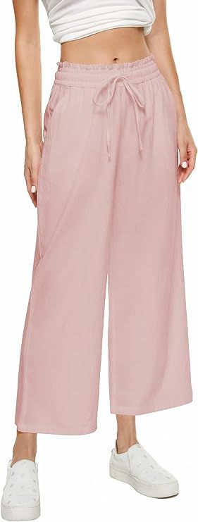 BCOFUI Womens Linen Wide Leg Pants High Waisted Drawstring Baggy Loose Beach Trousers with Pocket... | Amazon (US)