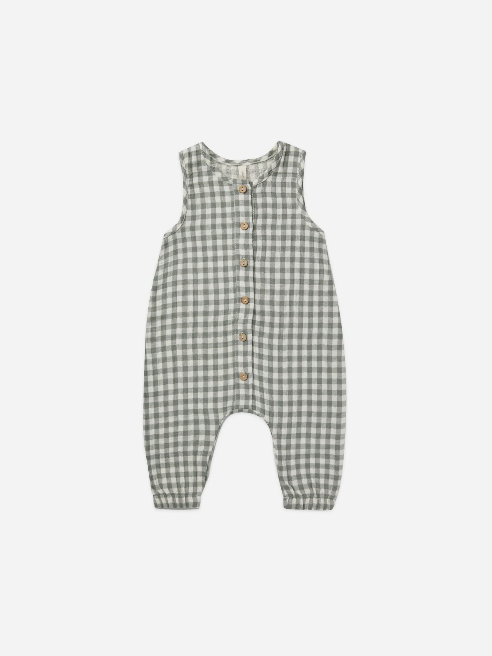 woven jumpsuit | sea green gingham | Quincy Mae