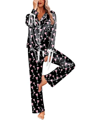 Ekouaer Women Classic Button Down Long Satin Pajamas Set,Bow Tie Silky Cute Pjs Sets Fancy Loungewear Wine Cups L | Amazon (US)