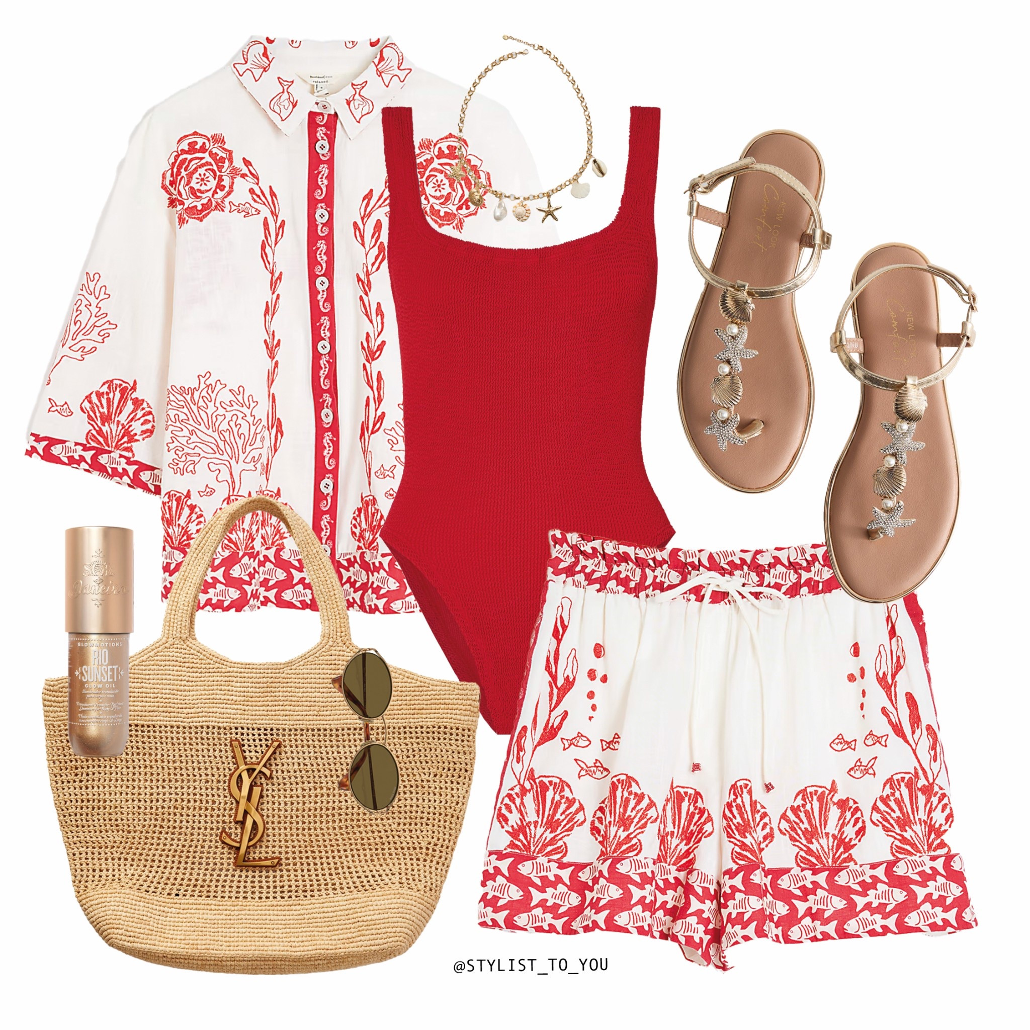 Beach vibes 🏖️ 

Resort vacation holiday luxe meets playful charm in this red and white shell border print co-ord set layered over a rich red Hunza G swimsuit. Styled with gold shell-embellished sandals and a chic YSL raffia tote bag, it’s the ultimate elevated beach-to-lunch look. beach outfit, co-ord set, shell print, border print, red and white outfit, beachwear, resort style, vacation outfit, Hunza G swimwear, red styling, YSL raffia bag, straw designer bag, beach glam, effort chic, gold sandals, shell motif, summer style, poolside fashion, beach-to-bar look, statement accessories, luxe resort wear, beach set, printed shorts set, raffia bag outfit, sea-inspired fashion, Mediterranean style, stylish cover-up, red swimsuit outfit, bold beachwear, elevated beach look, summer co-ord, trendy vacation outfit, holiday fashion, chic beachwear, destination style, warm weather outfit, summer glam, beach fashion inspo, sun-ready look, red aesthetic, resort elegance.

#LTKluxury #LTKsummer #LTKuk