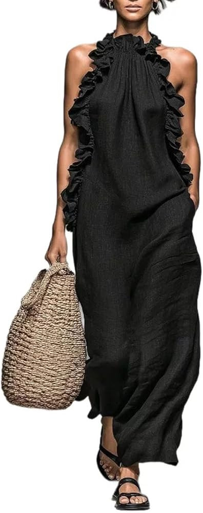 Xiaojmake Women's Ruffle Halter Neck Dresses Sleeveless Relaxed Flowy Solid Long Dress Casual Sum... | Amazon (US)
