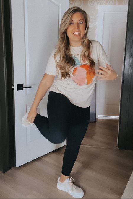 Peachy t-shirt with buttery soft leggings and Nike shoes. 

#LTKfitness #LTKstyletip #LTKMostLoved