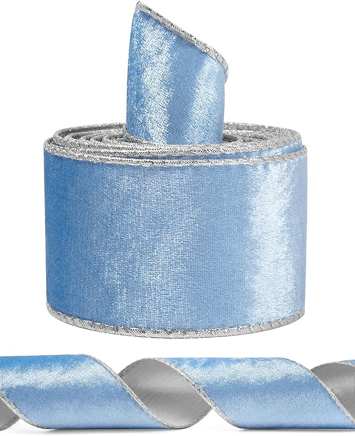 Baby Blue Wide Velvet Ribbon Wired for Christmas Tree, Garland, Wreath, 2.5 Inch 5 Yards | Amazon (US)