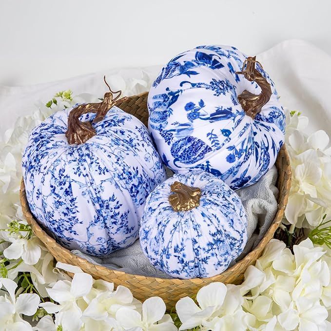 Fake Pumpkin Decor 3 Pcs Faux Pumpkins Small Blue and White Velvet Pumpkins Mini Artificial Pumpk... | Amazon (US)